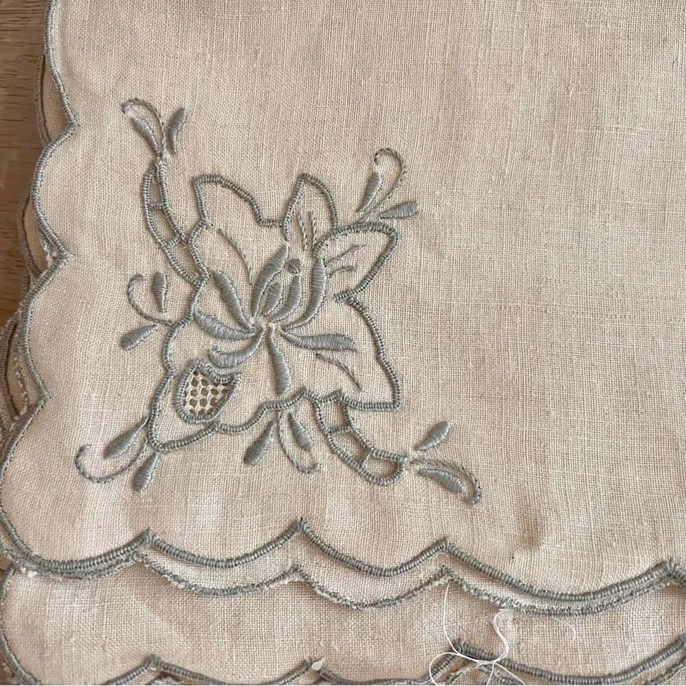 Vtg Madeira Embroidered Cutwork Lace Floral Linen Tablecloth‎ 113”x62” & Napkins